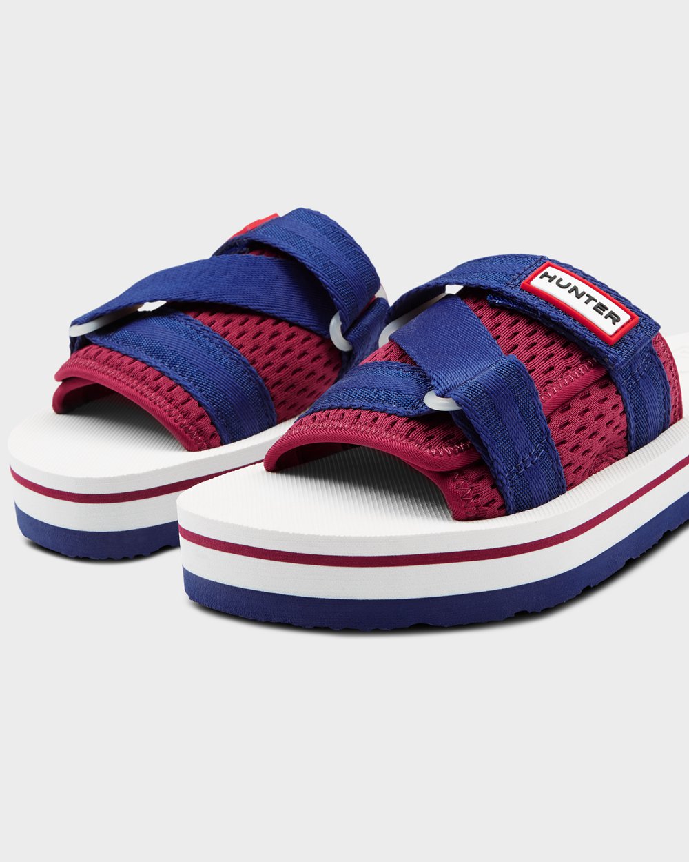 Womens Slides - Hunter Original Flatform Beach (75CSMJGYX) - White/Red/Blue